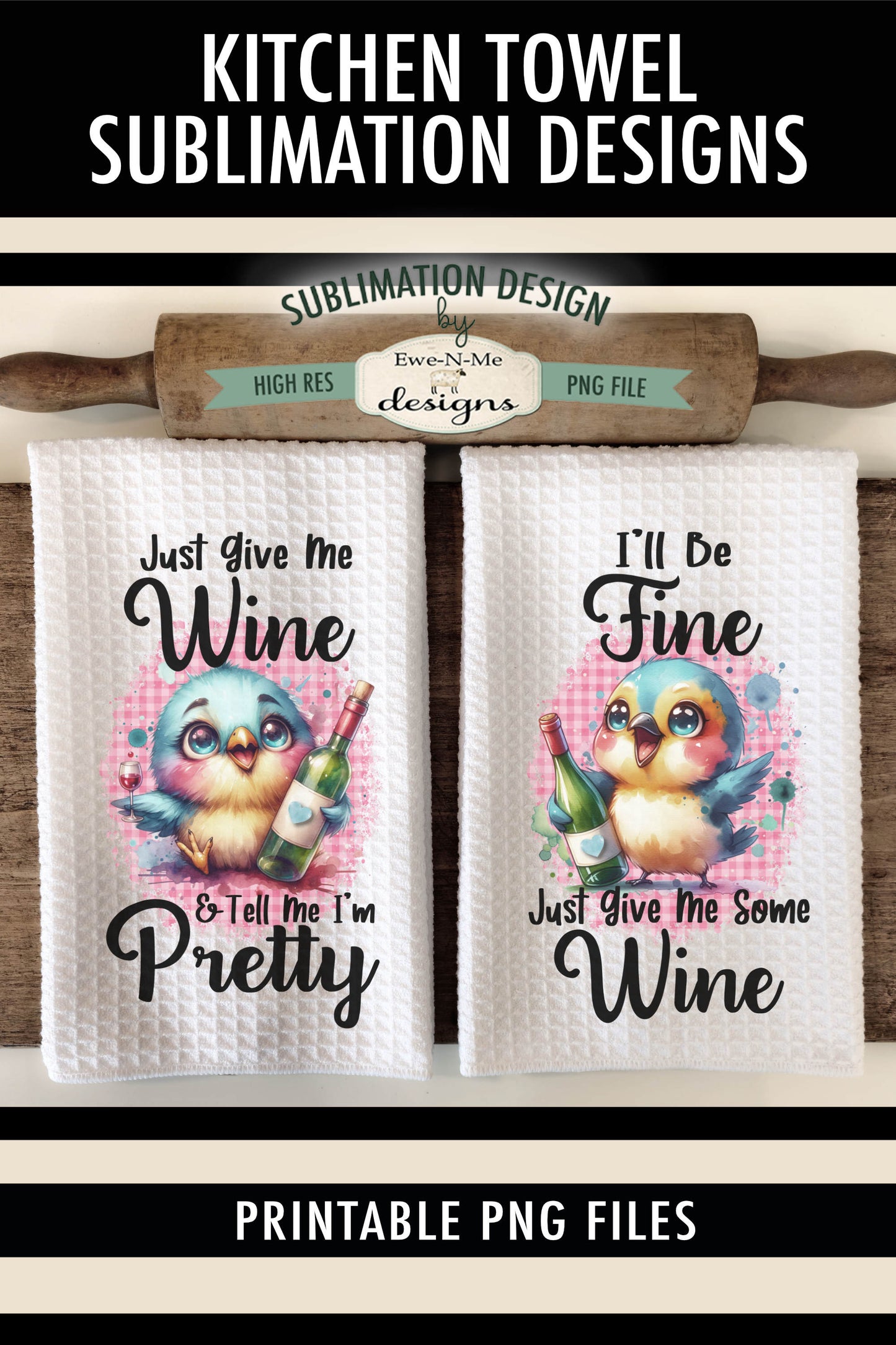 Cute Birds With Wine - Kitchen Towel Sublimation Designs