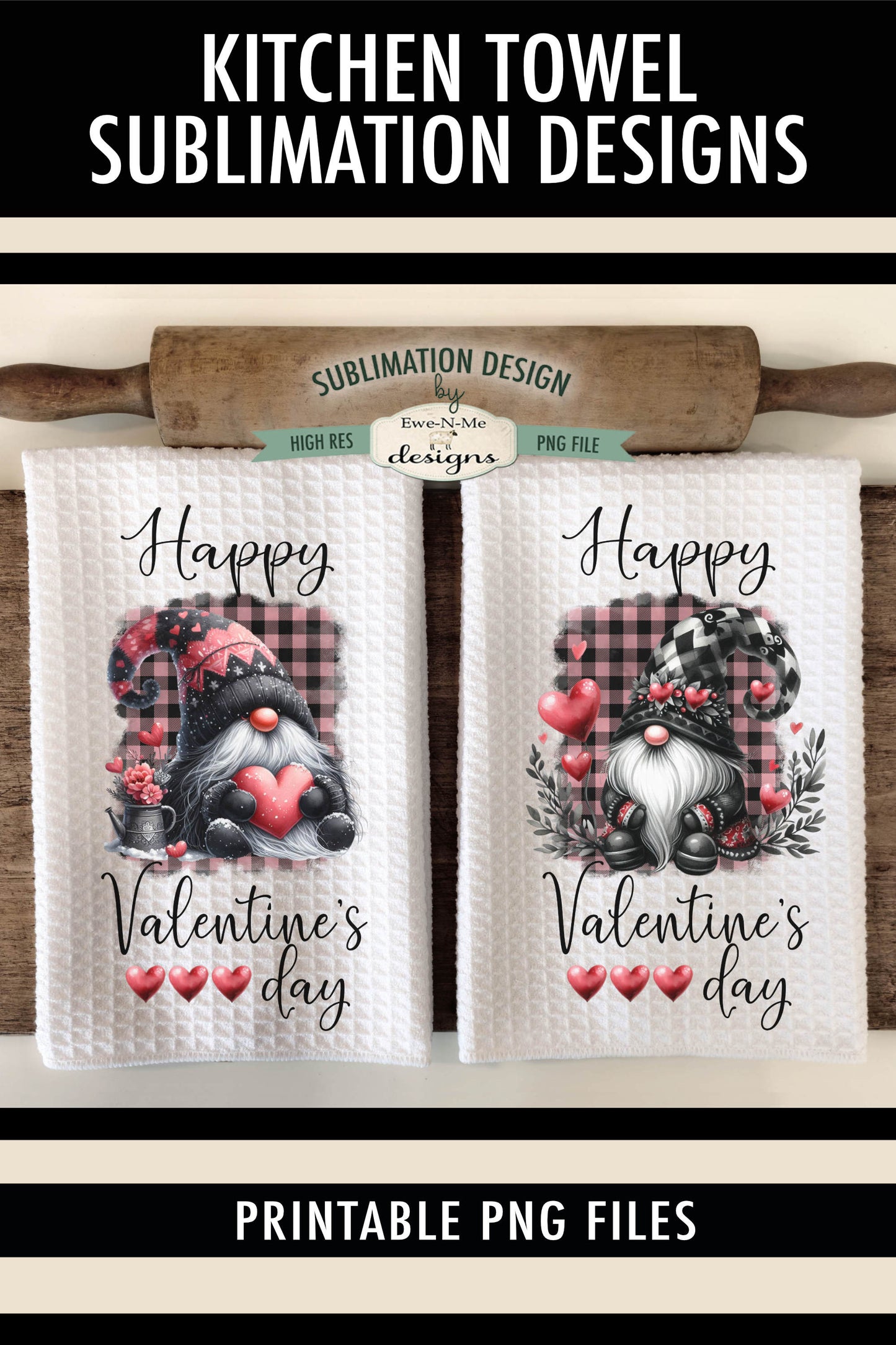 Pink Black Valentine Gnomes - Kitchen Towel Sublimation Designs
