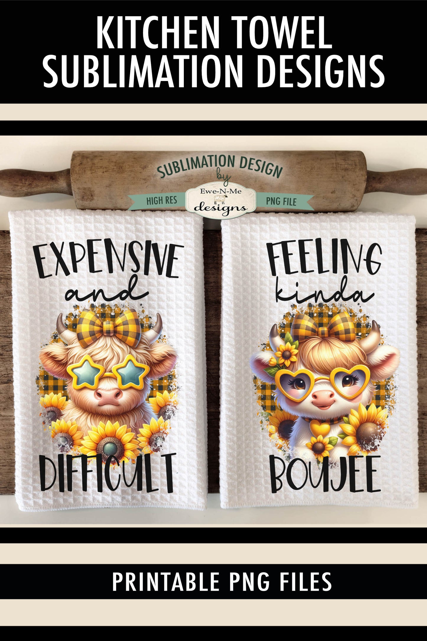 Boujee Highland Cows Sunflower - Kitchen Towel Sublimation Designs