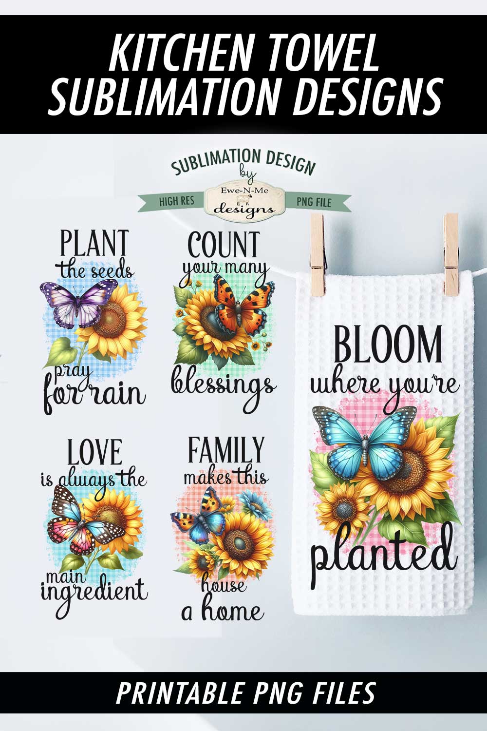 Butterflies and Sunflowers - Bundle of 5 - Kitchen Towel Sublimation Designs