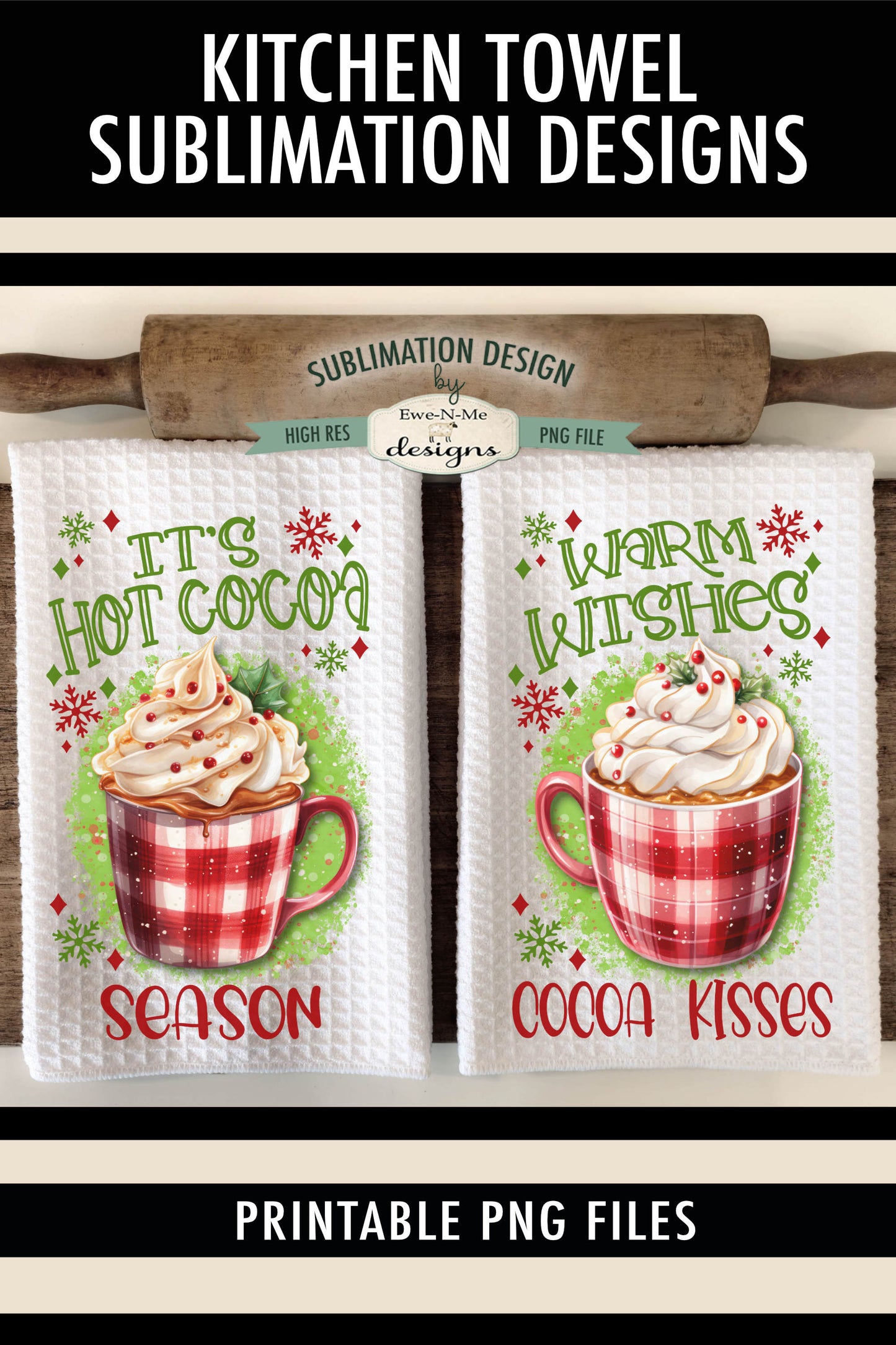 Red Plaid Hot Cocoa Mugs - Kitchen Towel Sublimation Designs