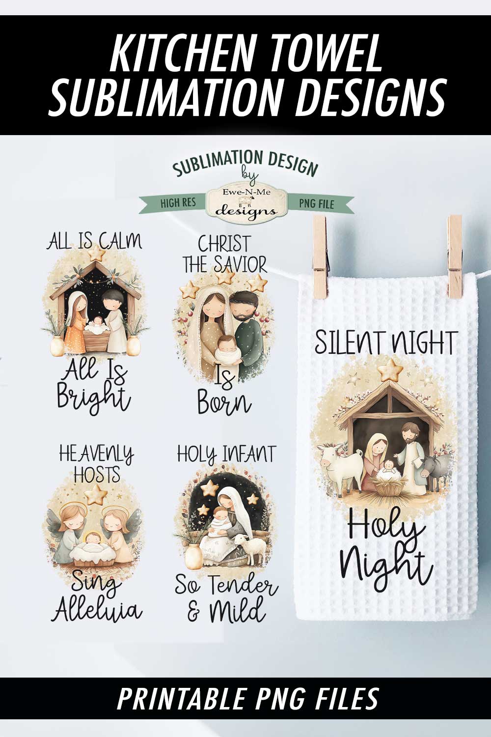 Nativity Silent Night Themed - Bundle of 5 - Kitchen Towel Sublimation Designs