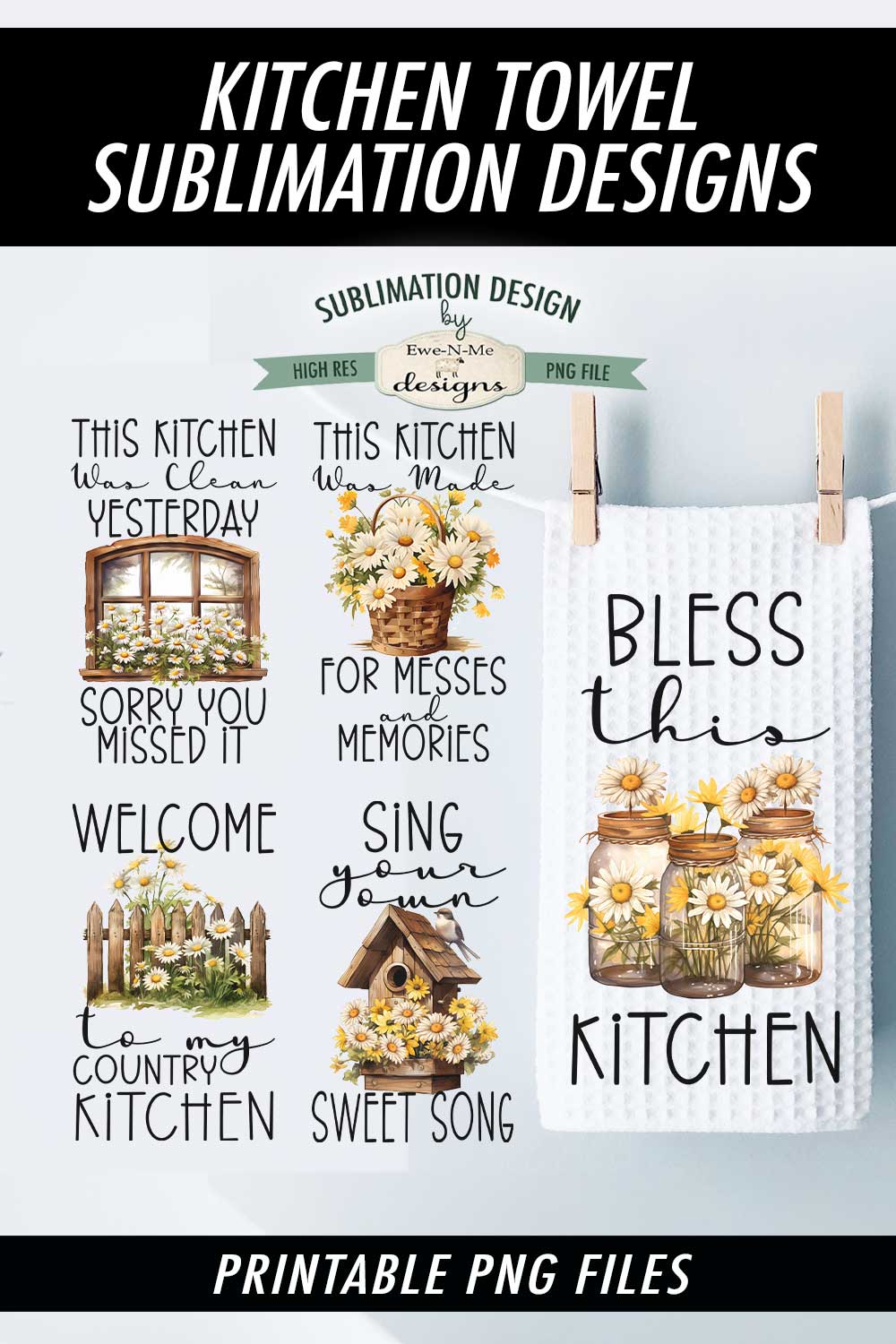 Rustic Country Daisies- Bundle of 5 - Kitchen Towel Sublimation Designs