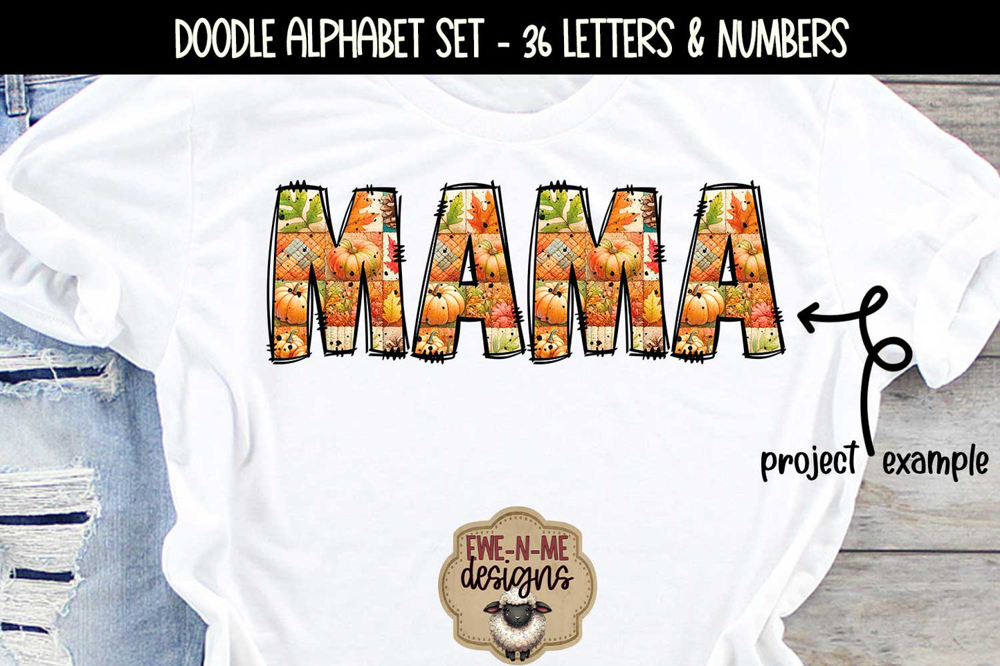 Fall Patchwork Doodle Alphabet and Numbers | PNG Files