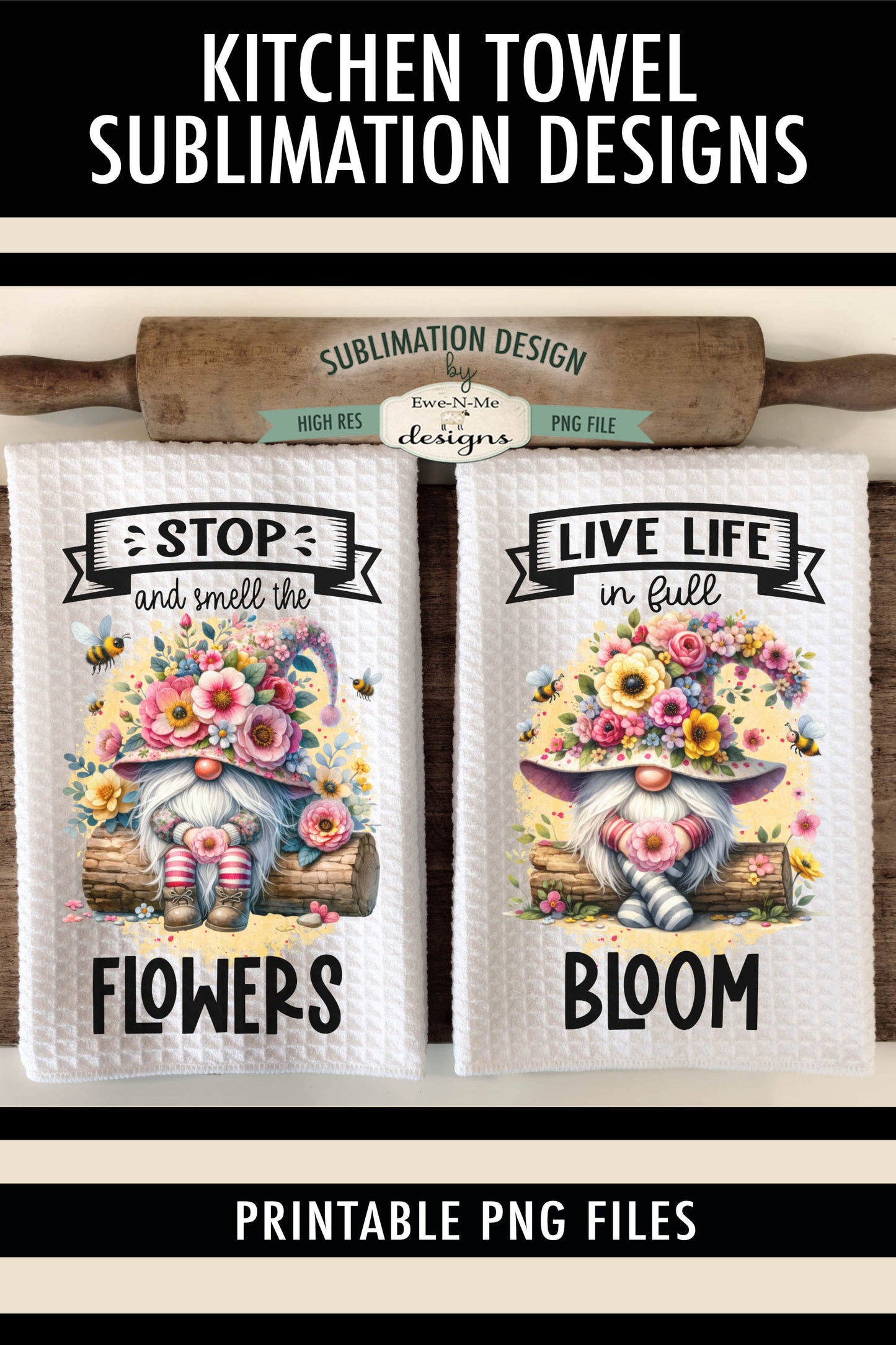 Gnomes with Flowers and Bees - Kitchen Towel Sublimation Designs