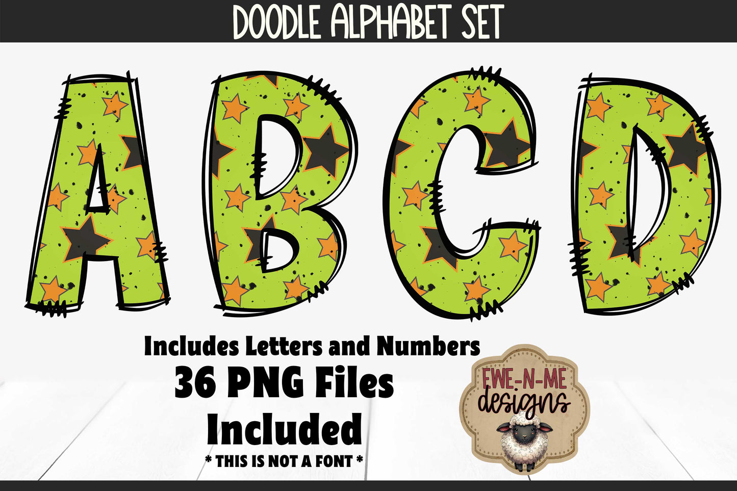 Green Halloween Doodle Alphabet and Numbers | PNG Files