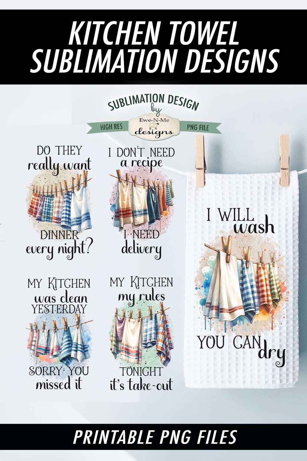 Country Towels on Clothesline - Bundle of 5 - Kitchen Towel Sublimation Designs