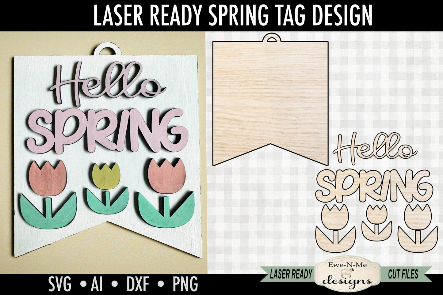 Hello Spring Tulips Tag - Laser Cut SVG File