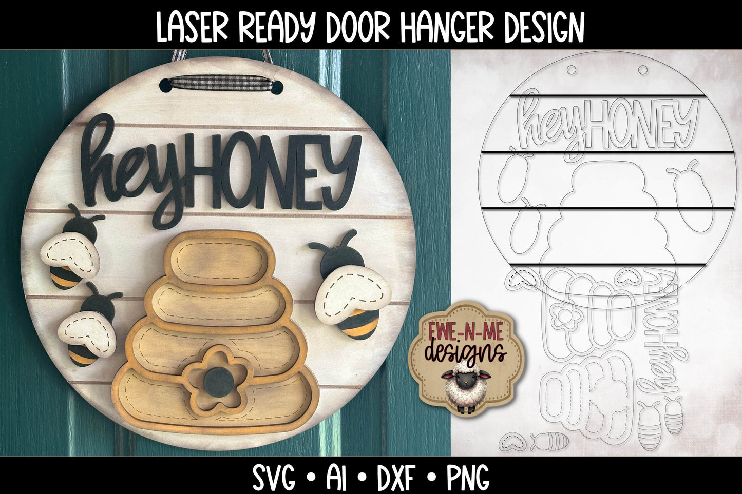 Bee Hive Hey Honey Round Door Hanger - Laser Cut SVG