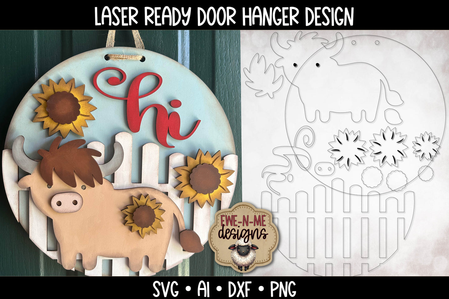 Highland Cow Round Door Hanger - Laser Cut SVG