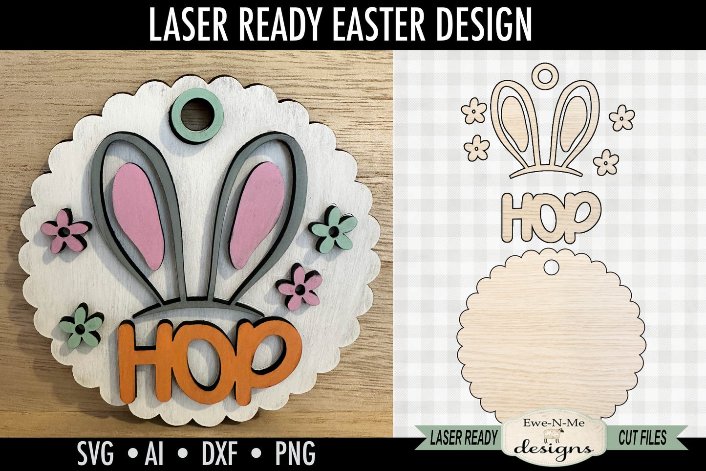Hop Bunny Ears SVG – Round Easter Tag Laser Cut SVG File