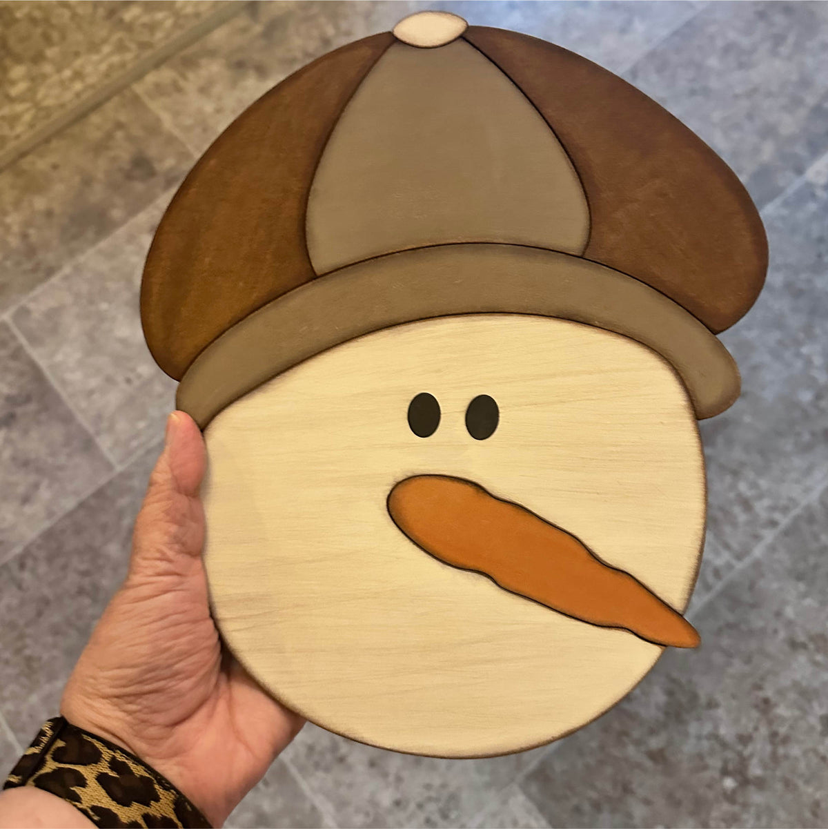 Primitive Newsboy Hat Snowman Face - Finished Wood Decor