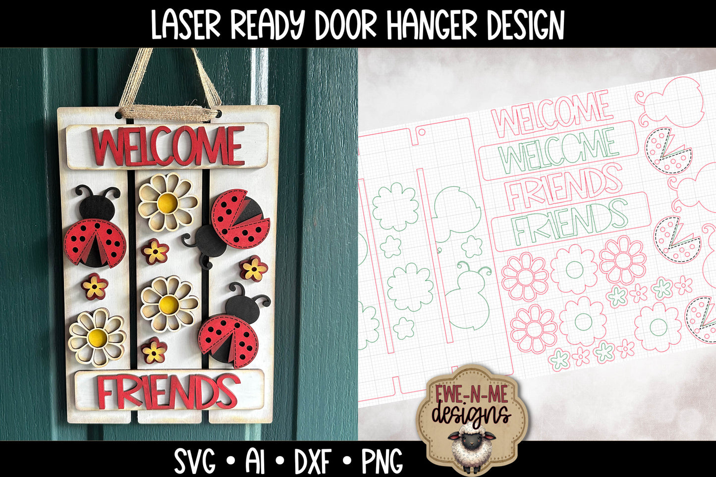 Welcome Friends Ladybug Pallet Sign Door Hanger | Laser Cut SVG
