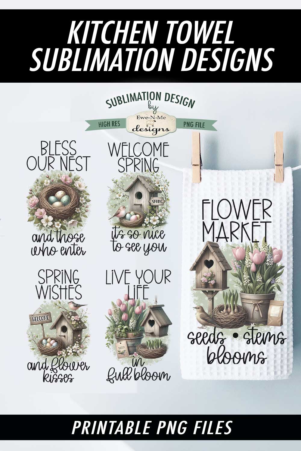 Spring Flowers and Bird Houses - Bundle of 5 - Kitchen Towel Sublimation Designs