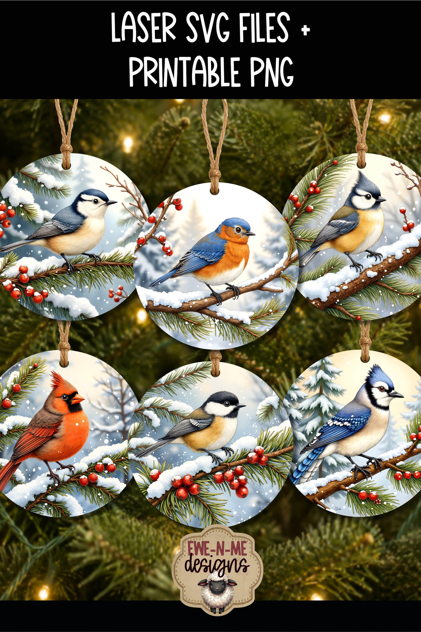 Winter Bird Ornament Bundle | Laser Cut SVG File + Printable PNG Files with Bonus Sticker File