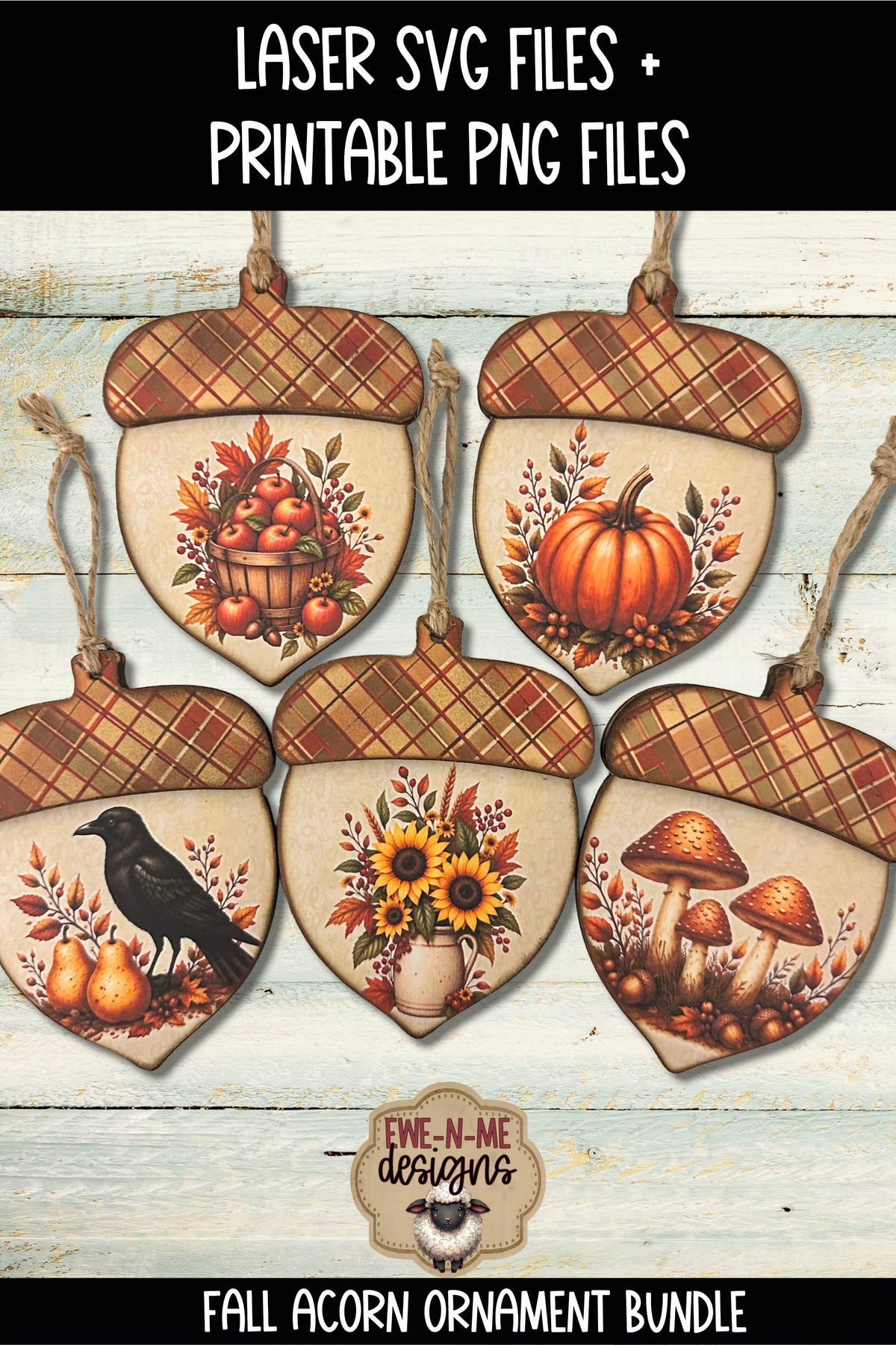 Fall Autumn Acorn Ornament Bundle | Laser Cut SVG File + Printable PNG Files