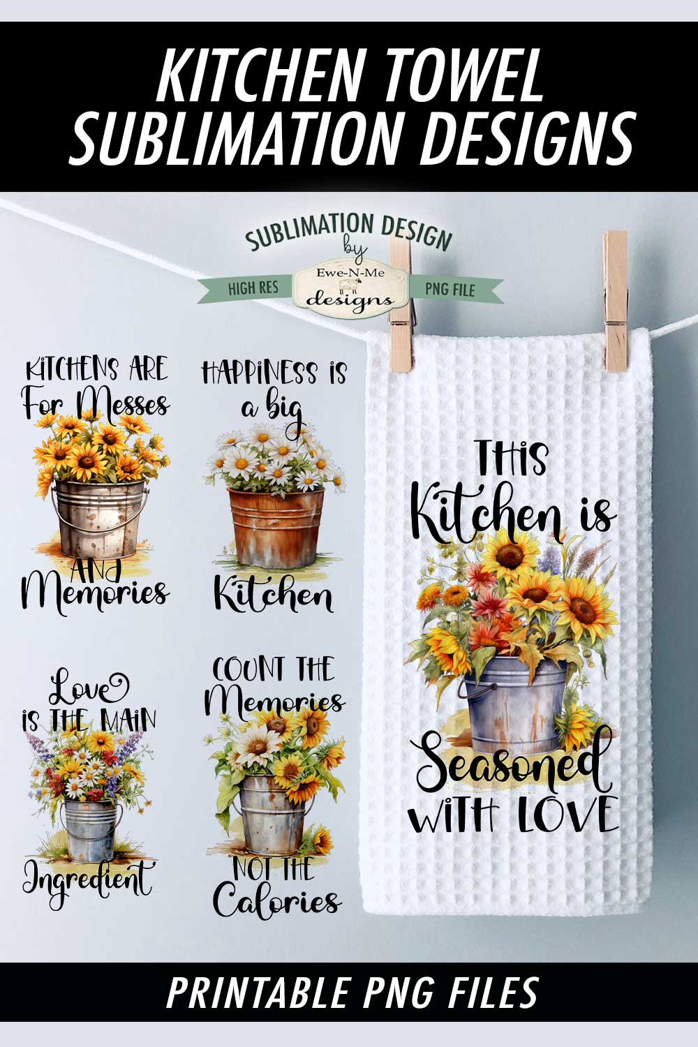 Rustic Flowers In Buckets - Bundle of 5 - Kitchen Towel Sublimation Designs