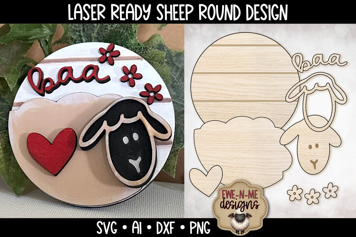 Sheep with Flowers Round Baa -  Laser Cut SVG