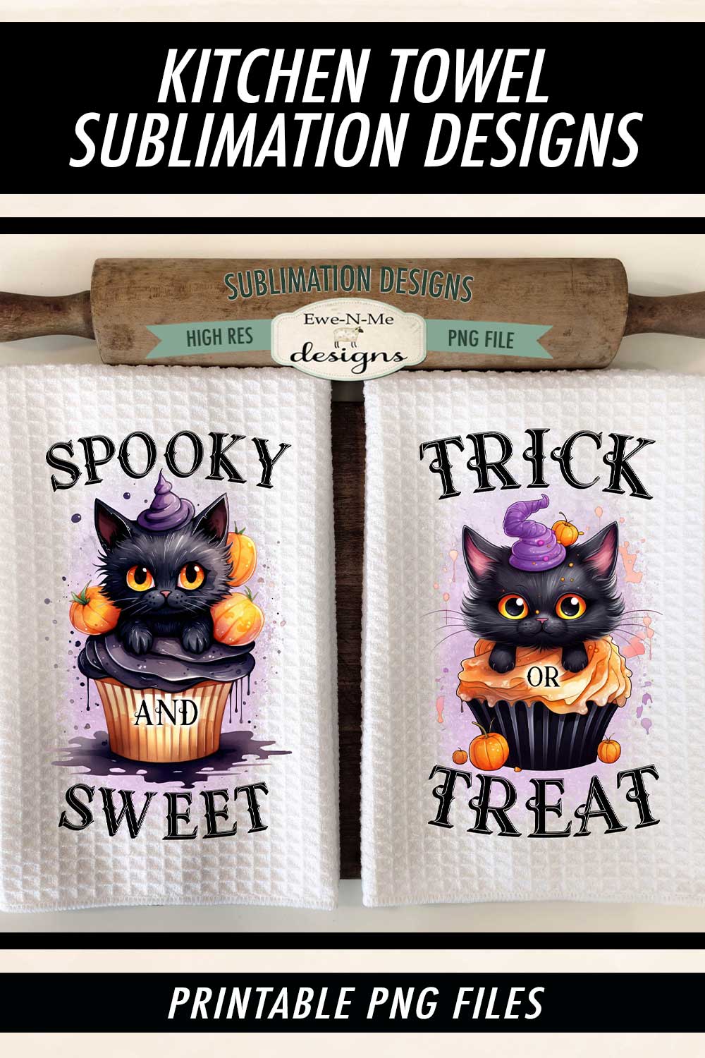 Black Cat Halloween Cupcakes - Kitchen Towel Sublimation Designs