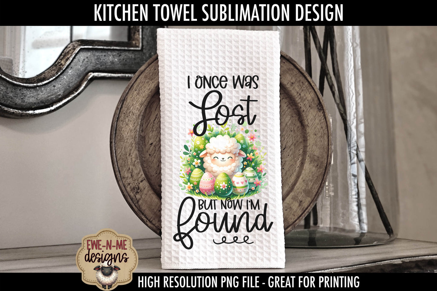 Easter Sheep With Decorated Eggs - Kitchen Towel Sublimation Designs