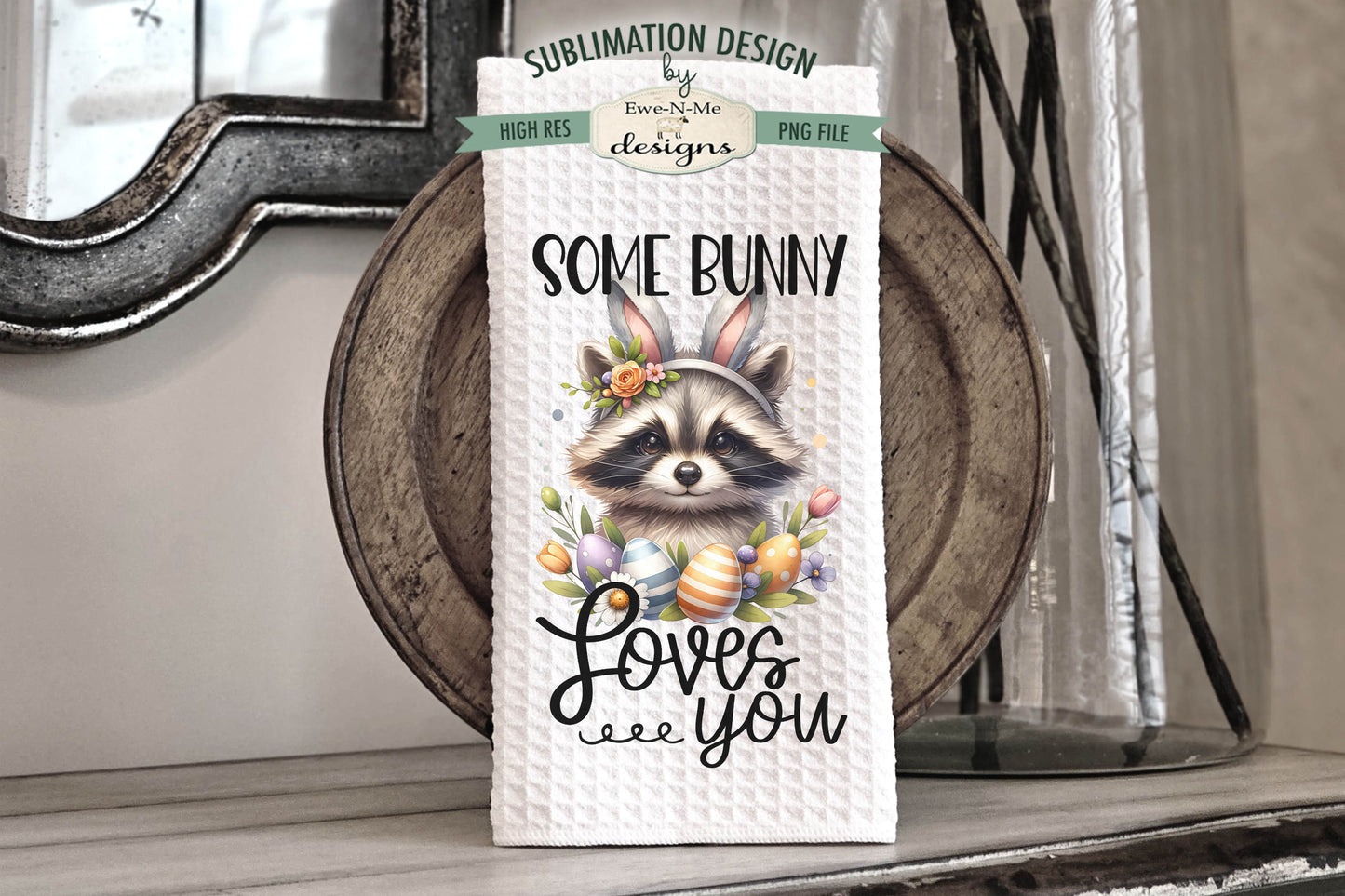 Easter Raccoon with Bunny Ears - Kitchen Towel Sublimation Designs