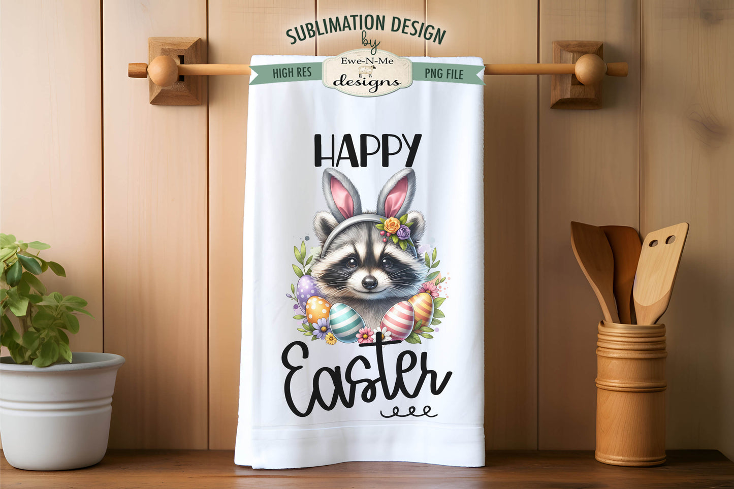 Easter Raccoon with Bunny Ears - Kitchen Towel Sublimation Designs