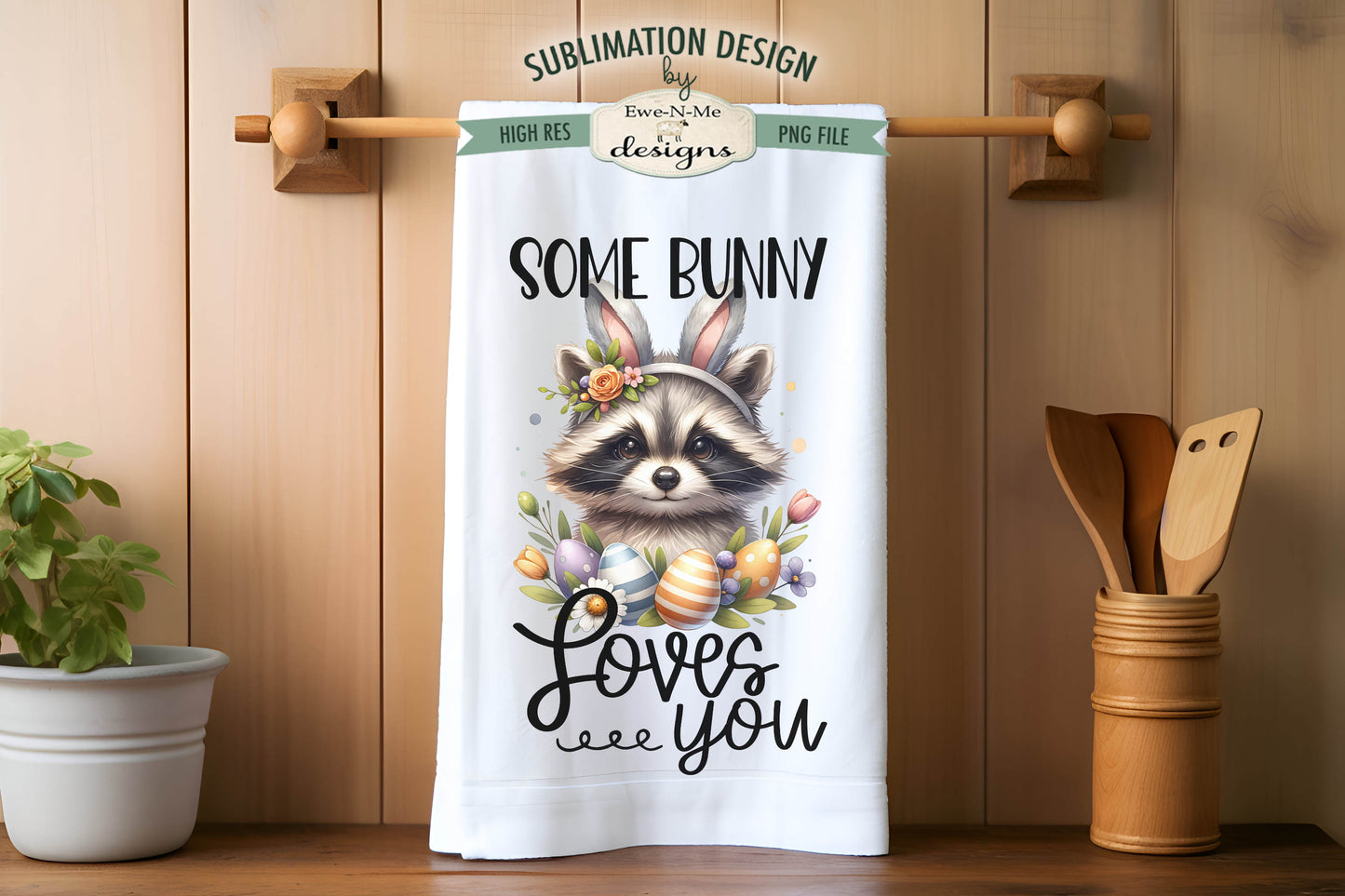 Easter Raccoon with Bunny Ears - Kitchen Towel Sublimation Designs