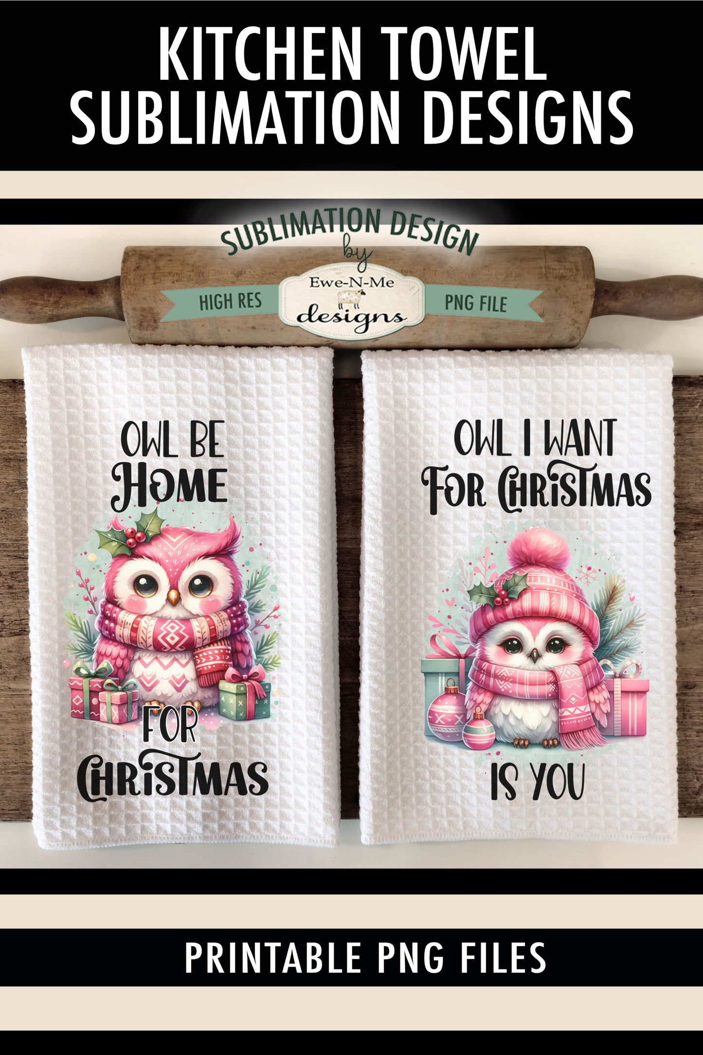 Pink Christmas Holiday Owls - Kitchen Towel Sublimation Designs