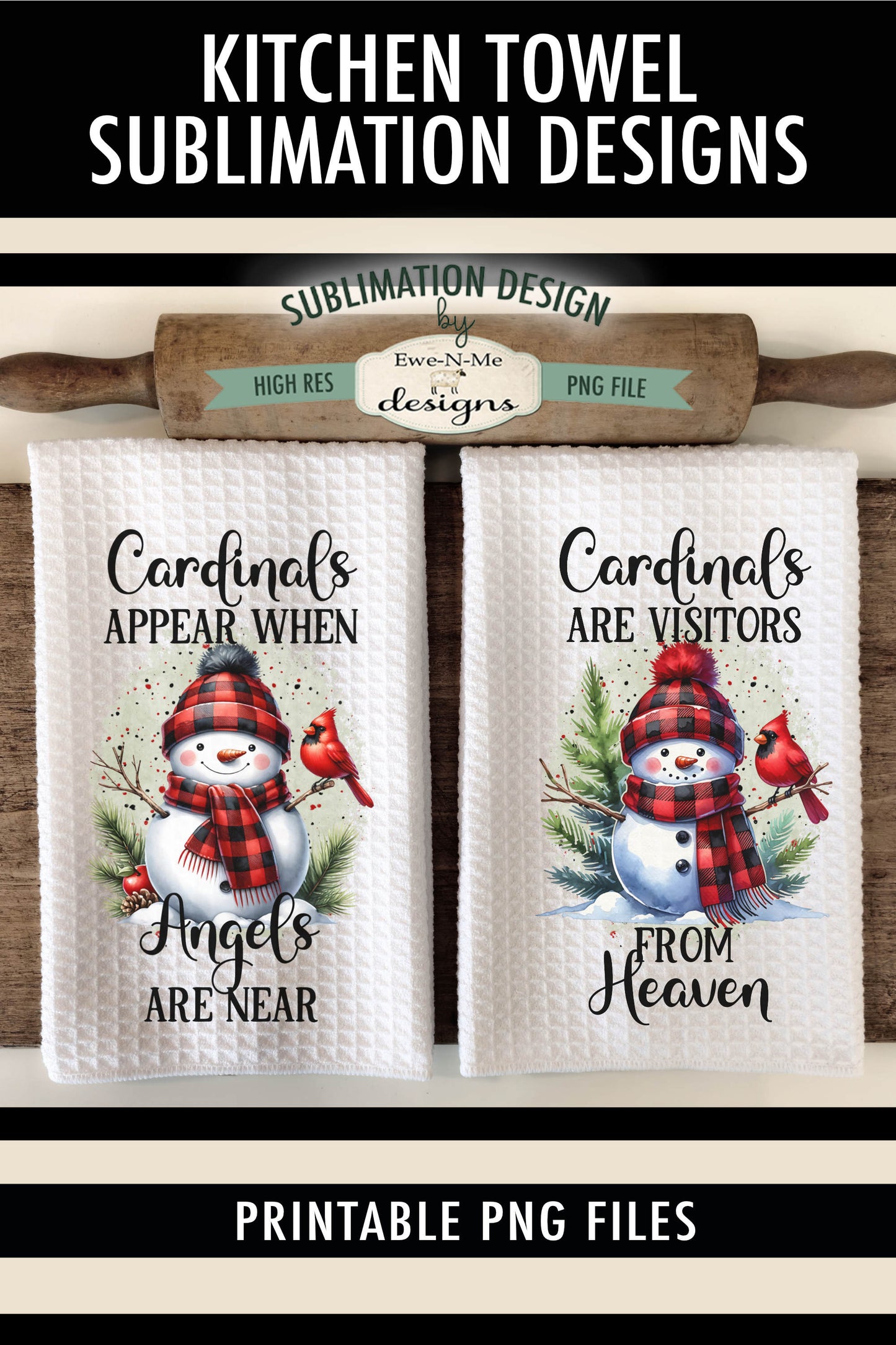 Snowman & Cardinals Red Buffalo Plaid - Kitchen Towel Sublimation Designs