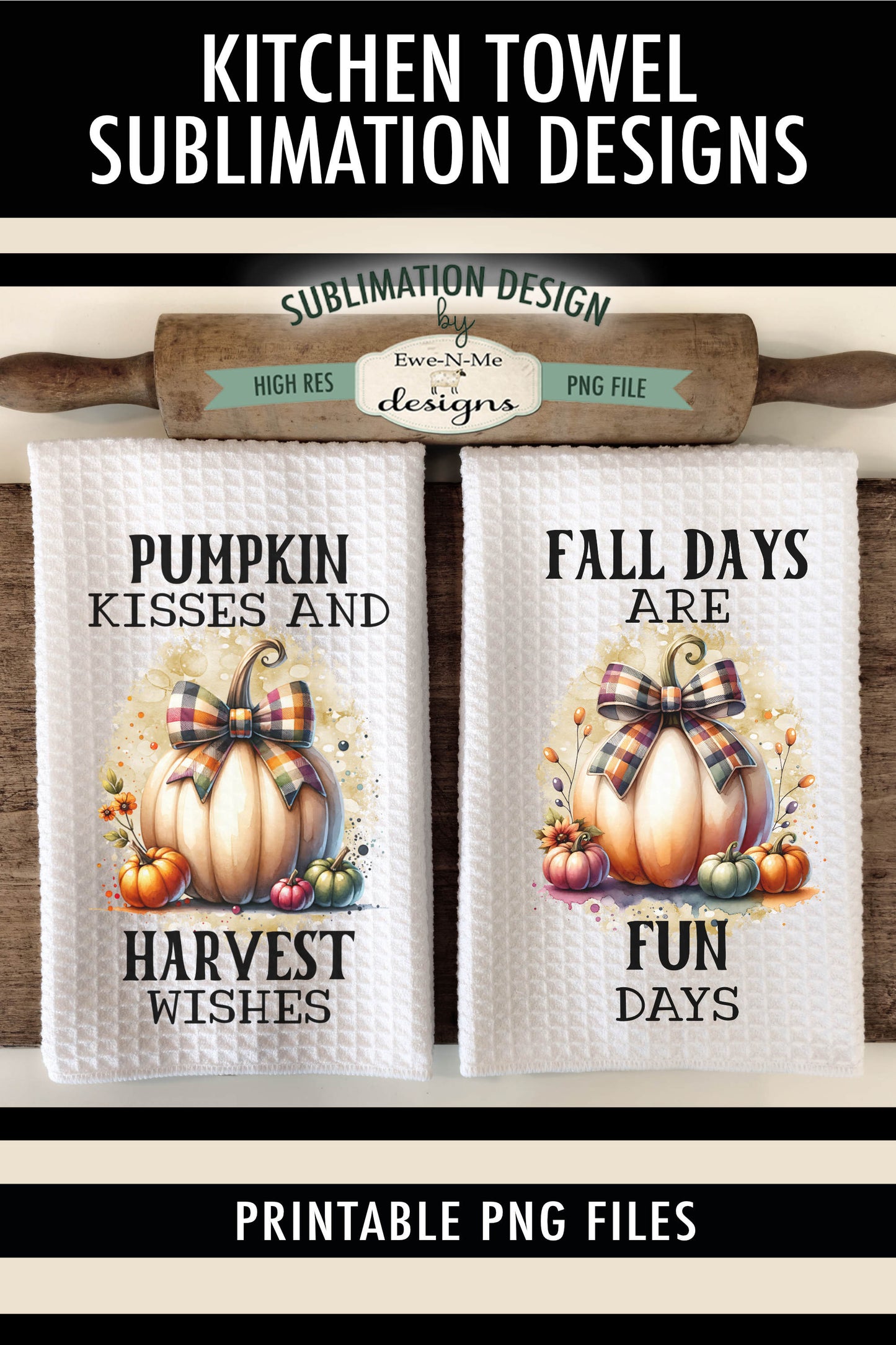Pumpkins With Plaid Bows - Kitchen Towel Sublimation Designs