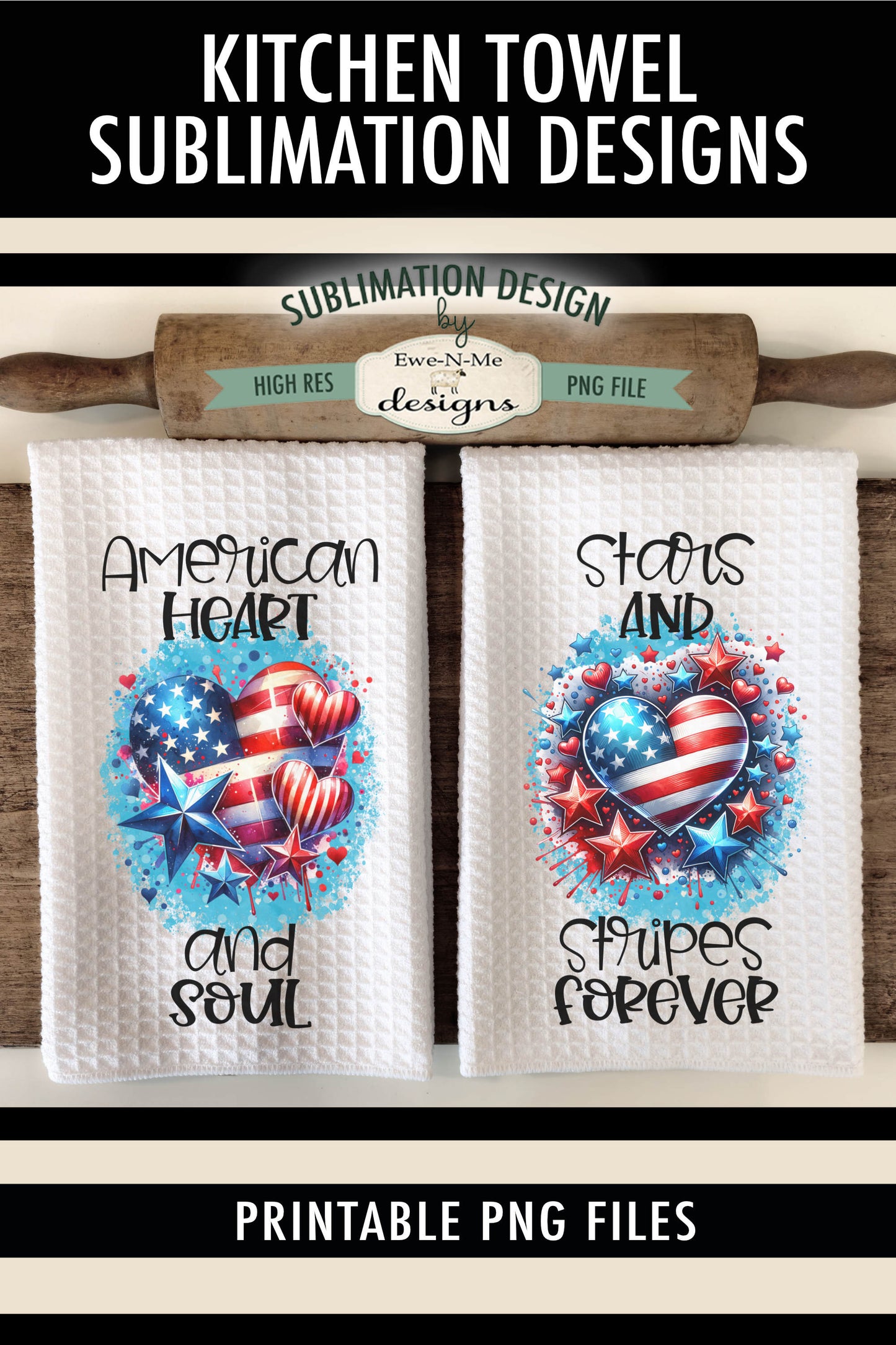 Patriotic Hearts and Stars - Kitchen Towel Sublimation Designs