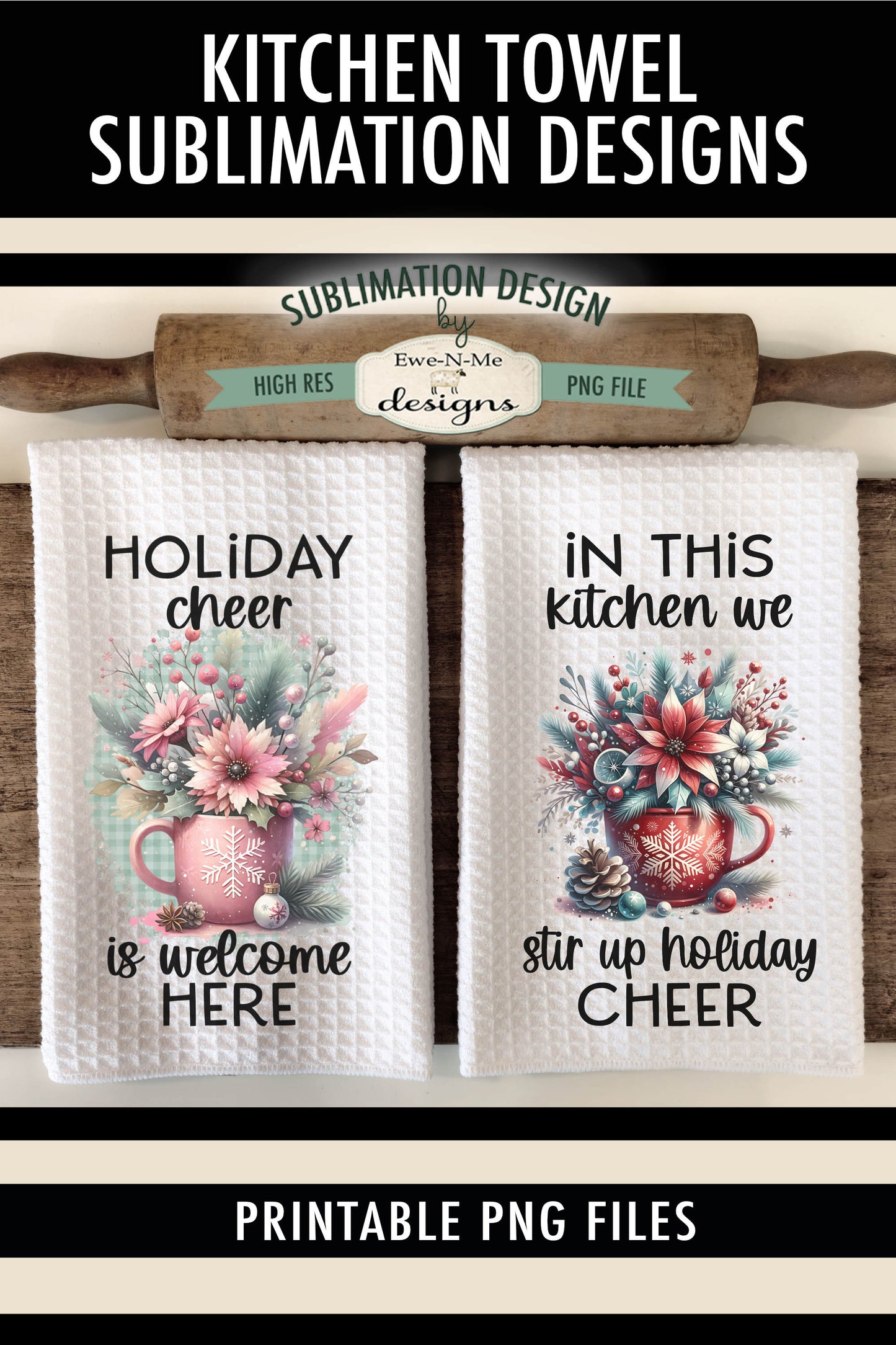 Poinsettia Cocoa Mugs - Kitchen Towel Sublimation Designs