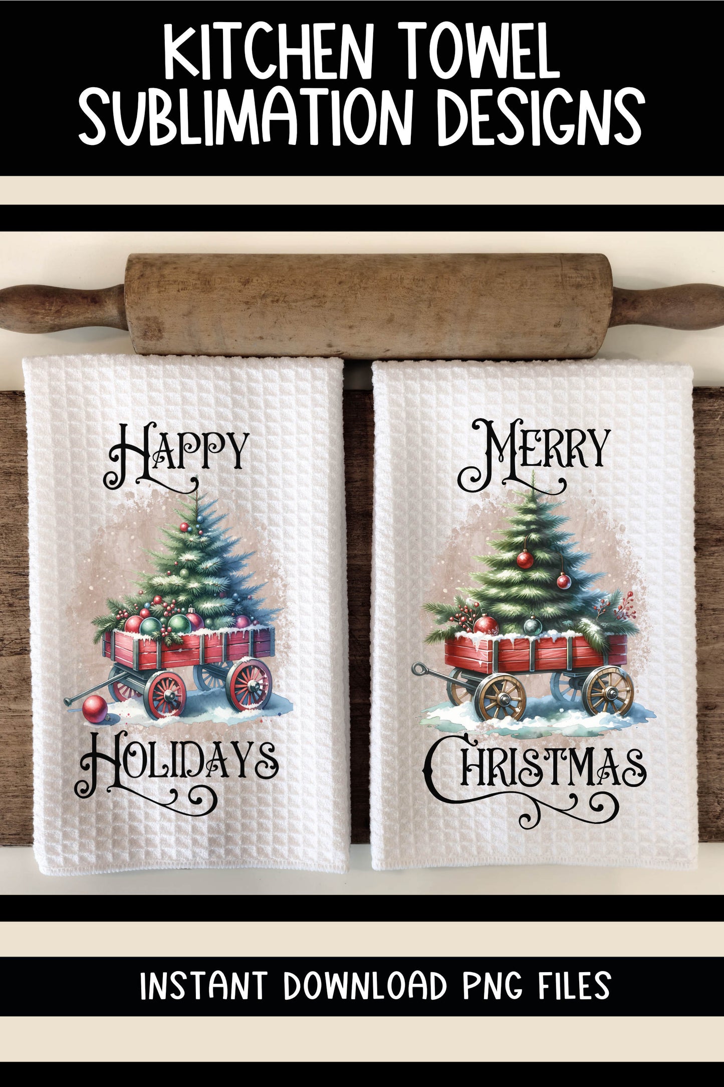 Red Wagon with Christmas Trees - Kitchen Towel Sublimation Designs
