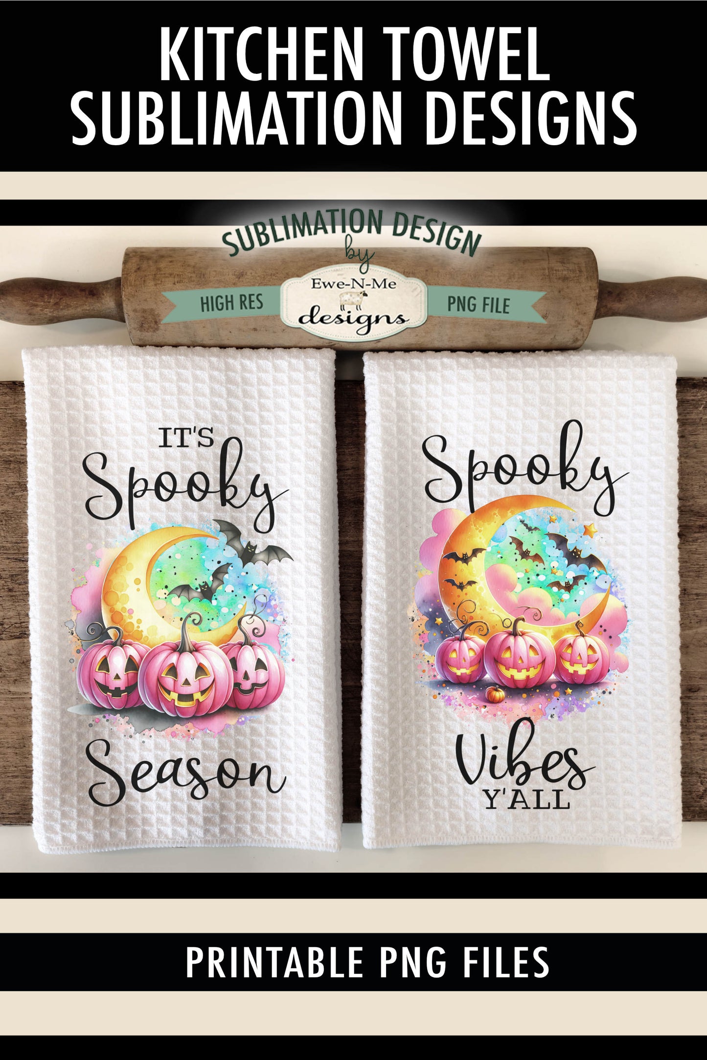 Pink Jack O Lanterns and Moons - Kitchen Towel Sublimation Designs