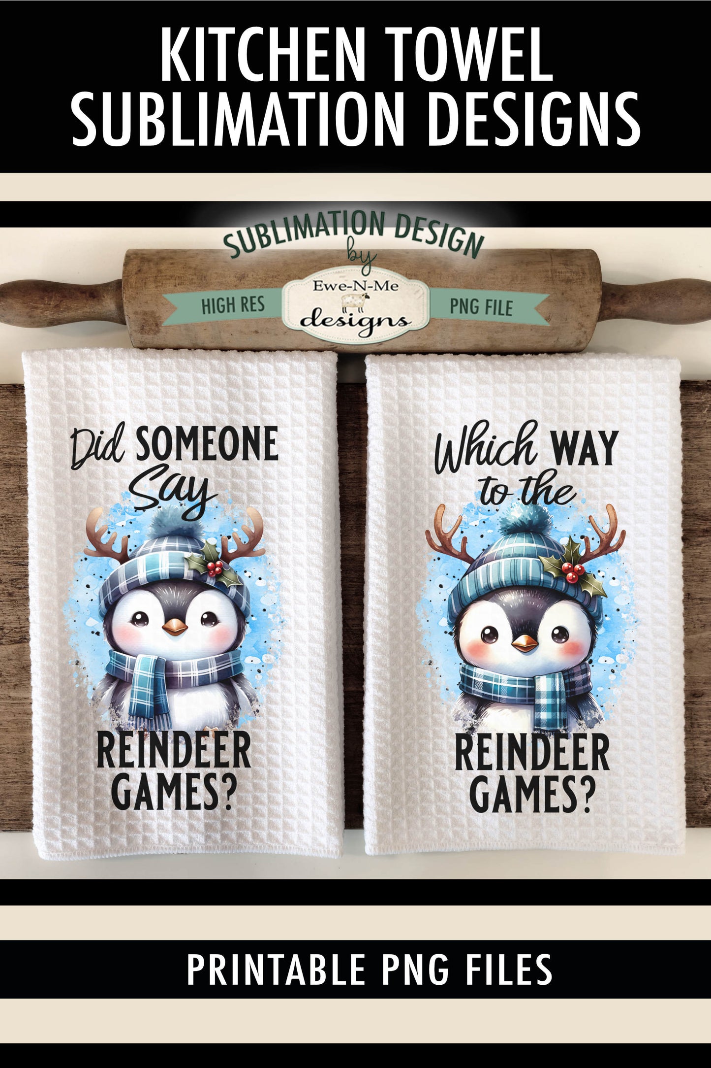 Penguin With Reindeer Antlers - Kitchen Towel Sublimation Designs