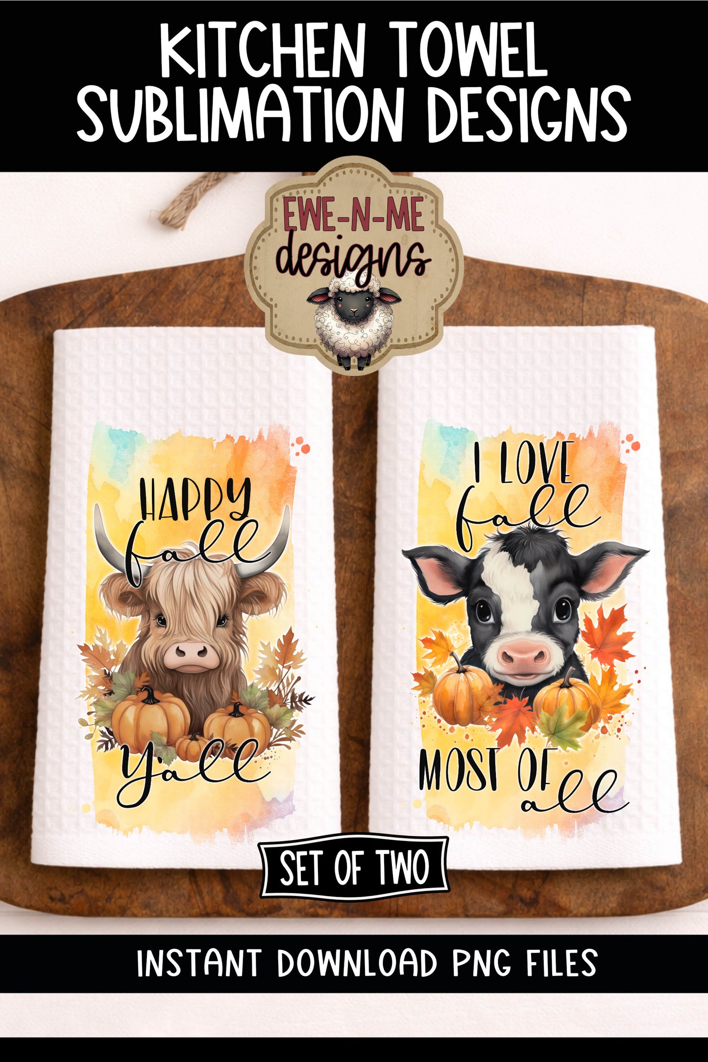 Cute Fall Cows - Kitchen Towel Sublimation Designs