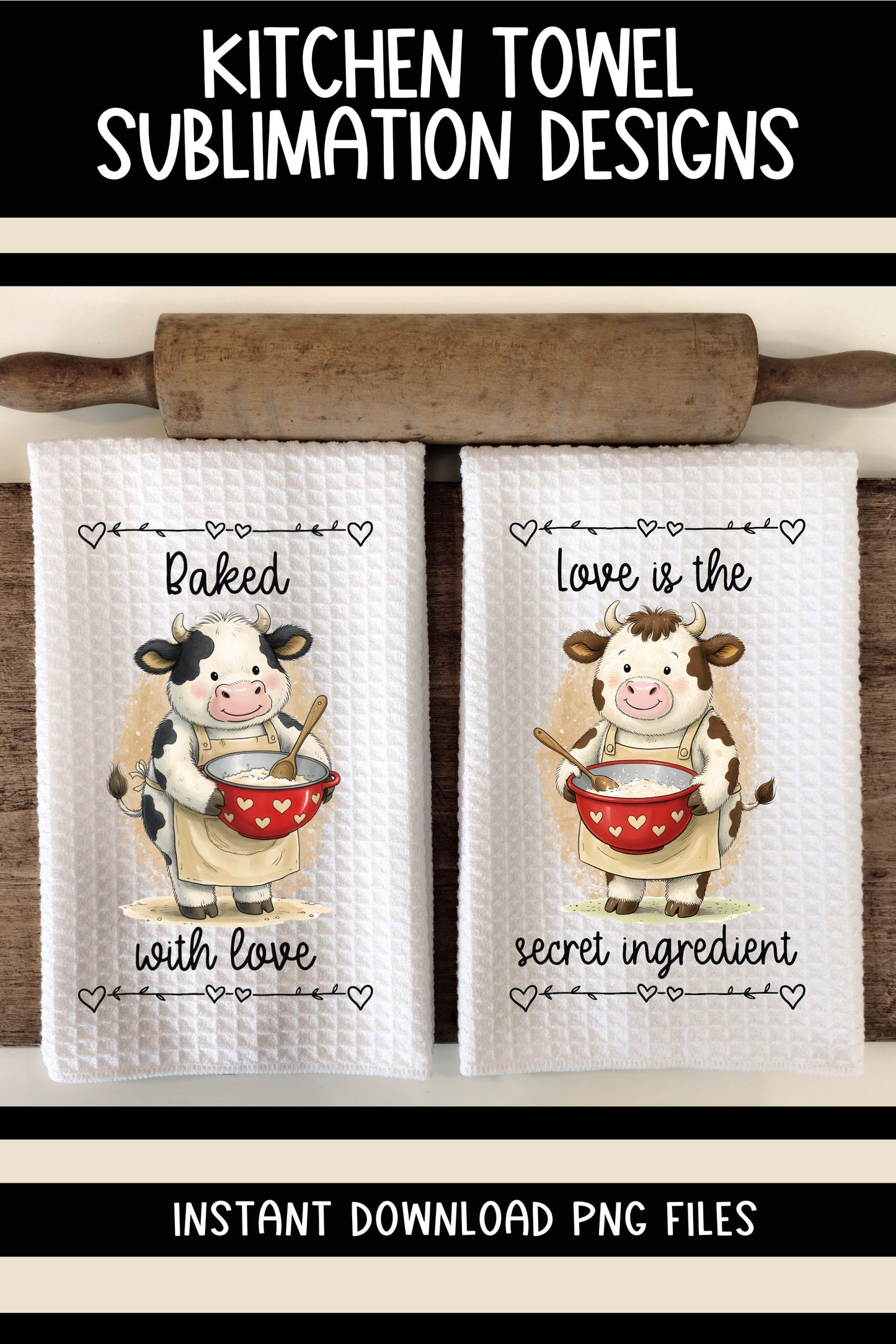 Valentine Cows Baking Cookies - Kitchen Towel Sublimation Designs