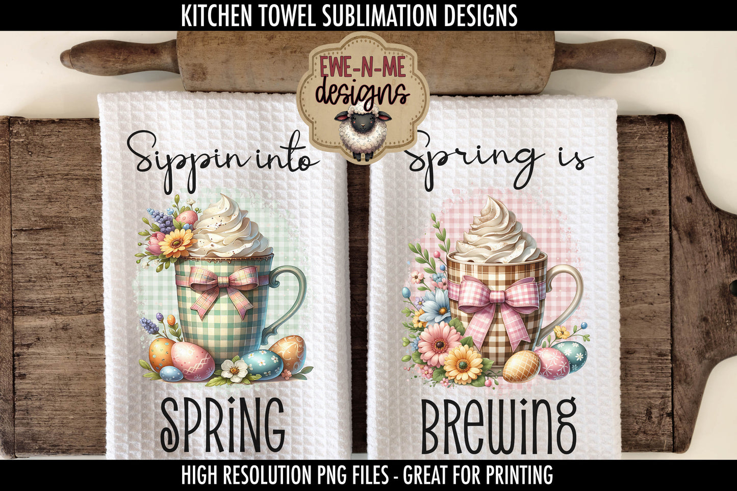 Plaid Spring Mugs With Easter Eggs - Kitchen Towel Sublimation Designs