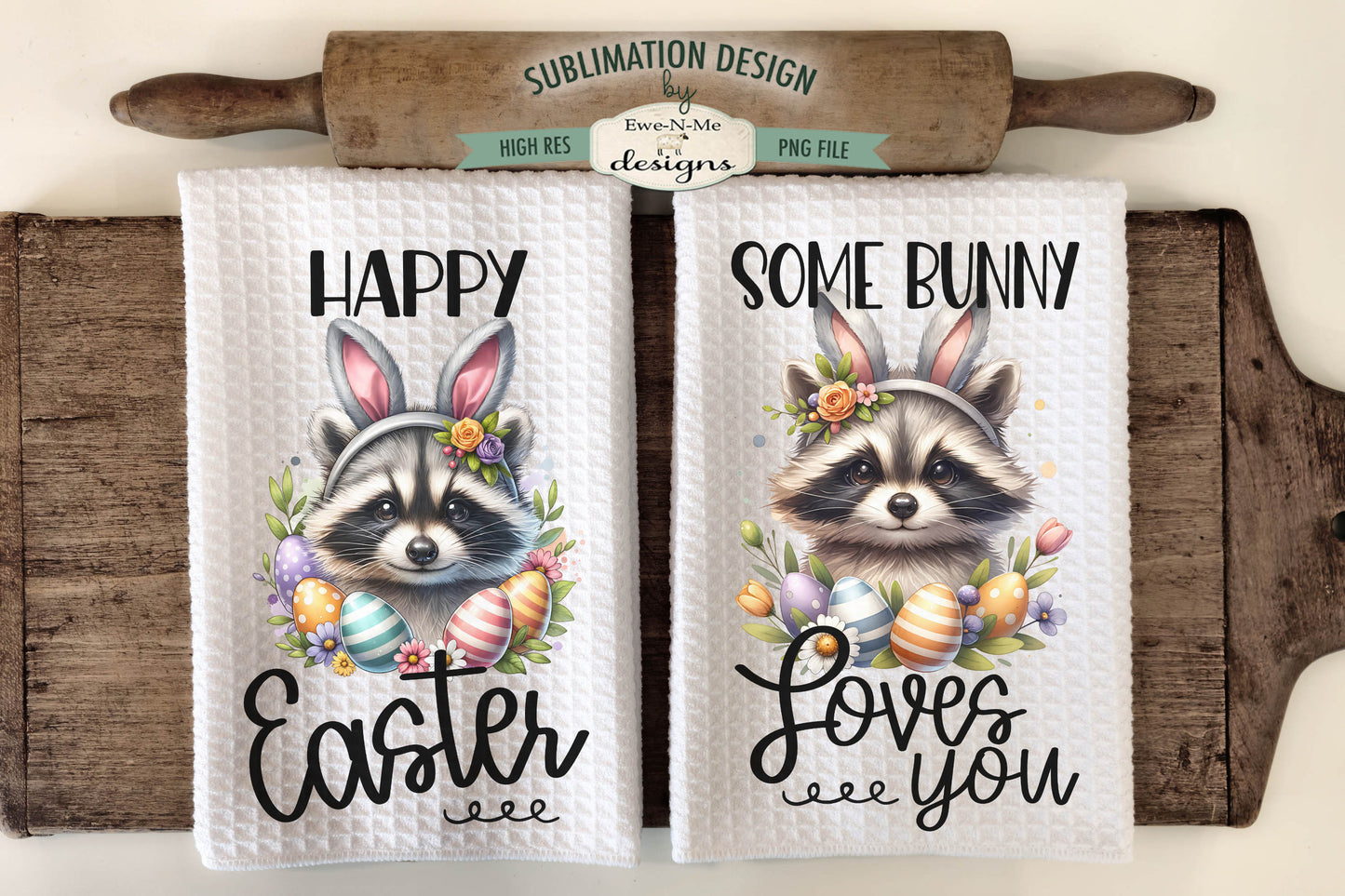 Easter Raccoon with Bunny Ears - Kitchen Towel Sublimation Designs