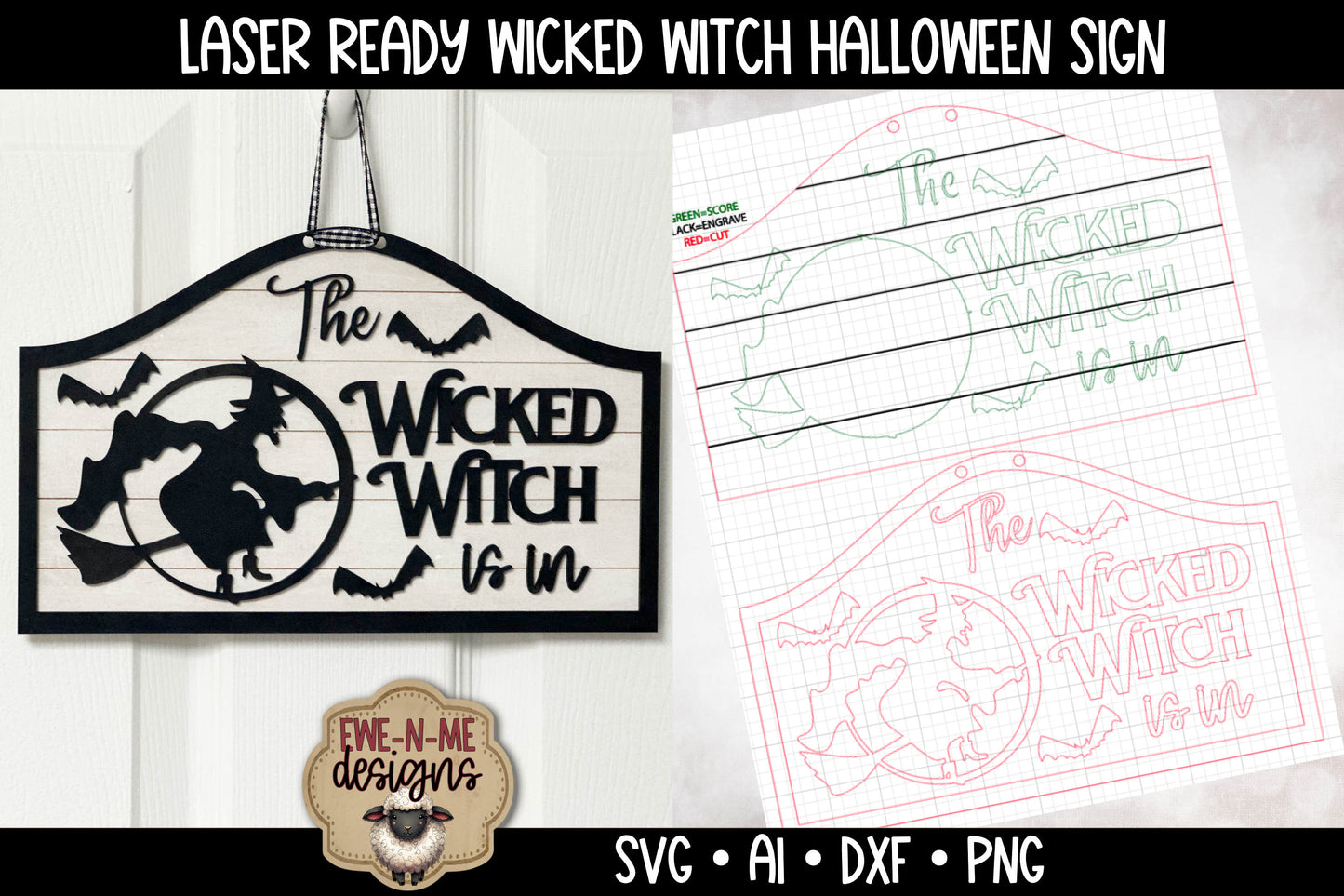 Wicked Witch with Bats Door Hanger - Laser Cut SVG