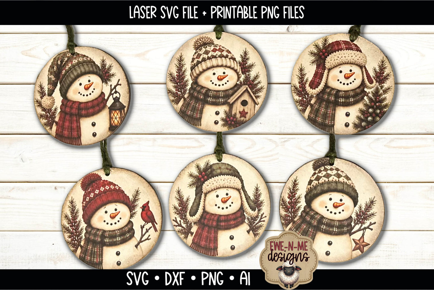 Snowman Ornament Bundle | Laser Cut SVG File + Printable PNG Files with Bonus Sticker Files