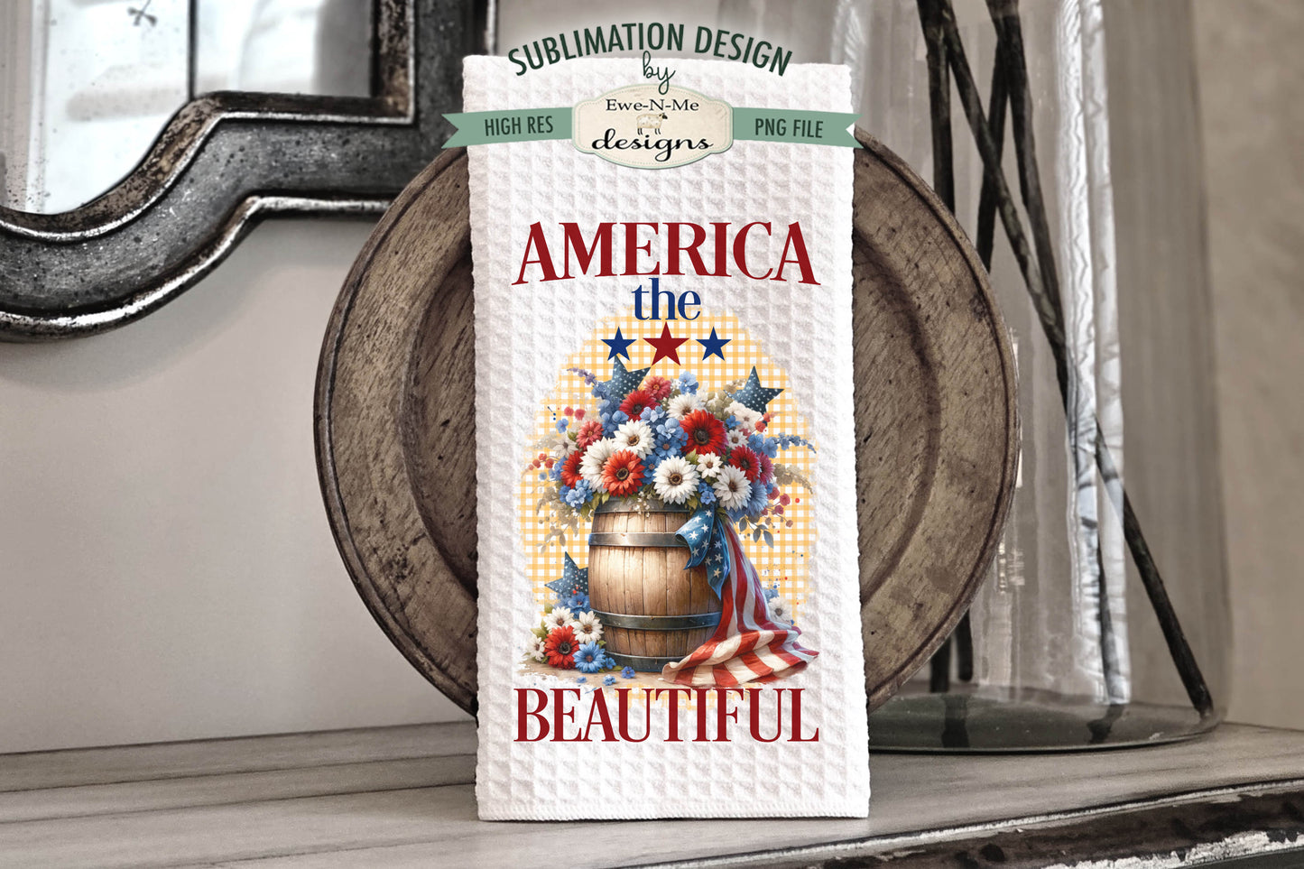 Patriotic Flowers in Wood Barrels - Kitchen Towel Sublimation Designs