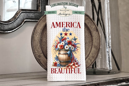 Patriotic Flowers in Wood Barrels - Kitchen Towel Sublimation Designs