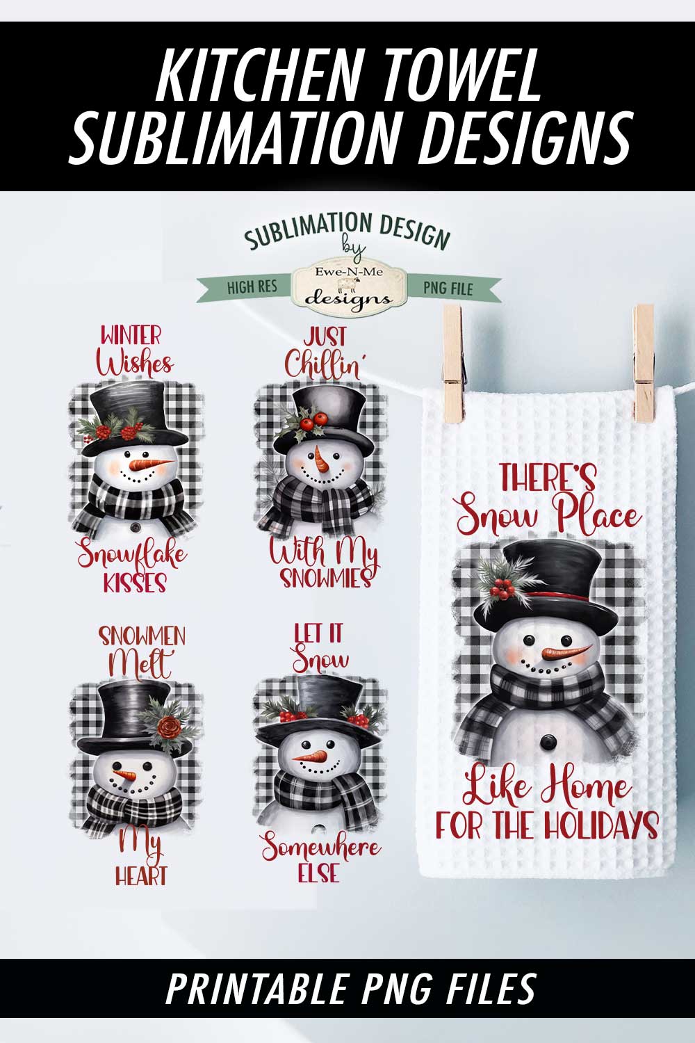 Buffalo Plaid Snowmen - Bundle of 5 - Kitchen Towel Sublimation Designs