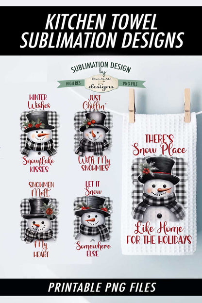 Buffalo Plaid Snowmen - Bundle of 5 - Kitchen Towel Sublimation Designs