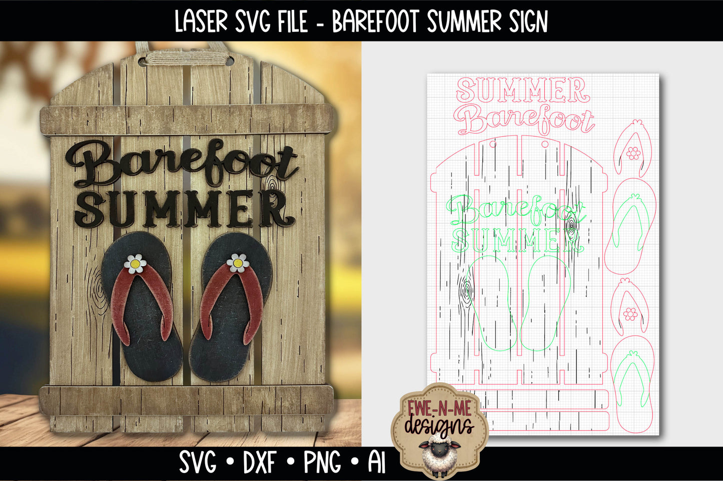 Barefoot Summer Flip Flop Sign | Laser Cut SVG File