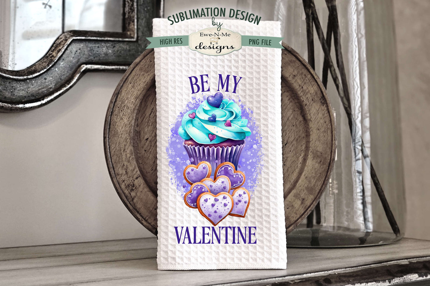 Teal Purple Valentine Cupcakes - Kitchen Towel Sublimation Designs