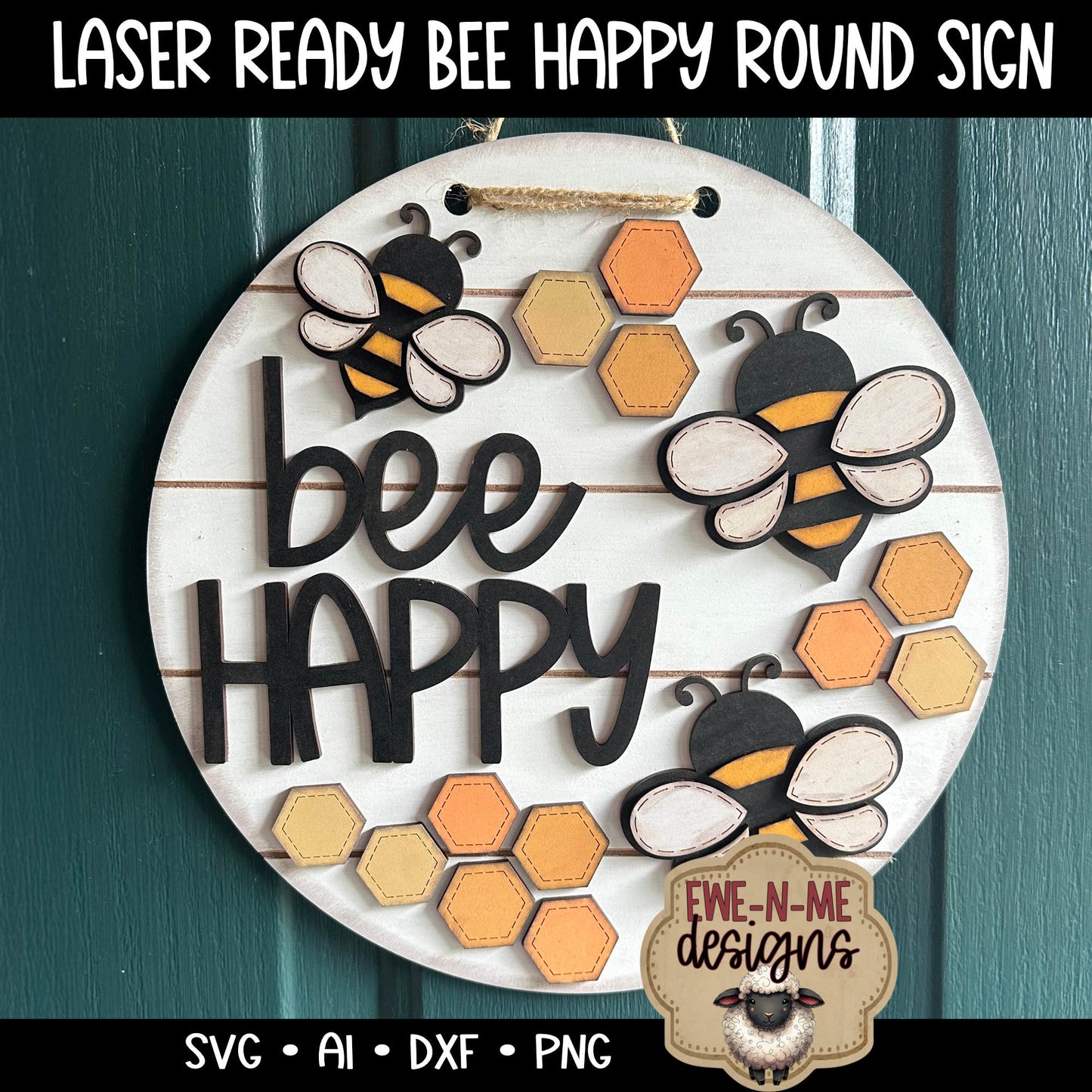 Bee Happy Round Door Hanger - Laser Cut SVG