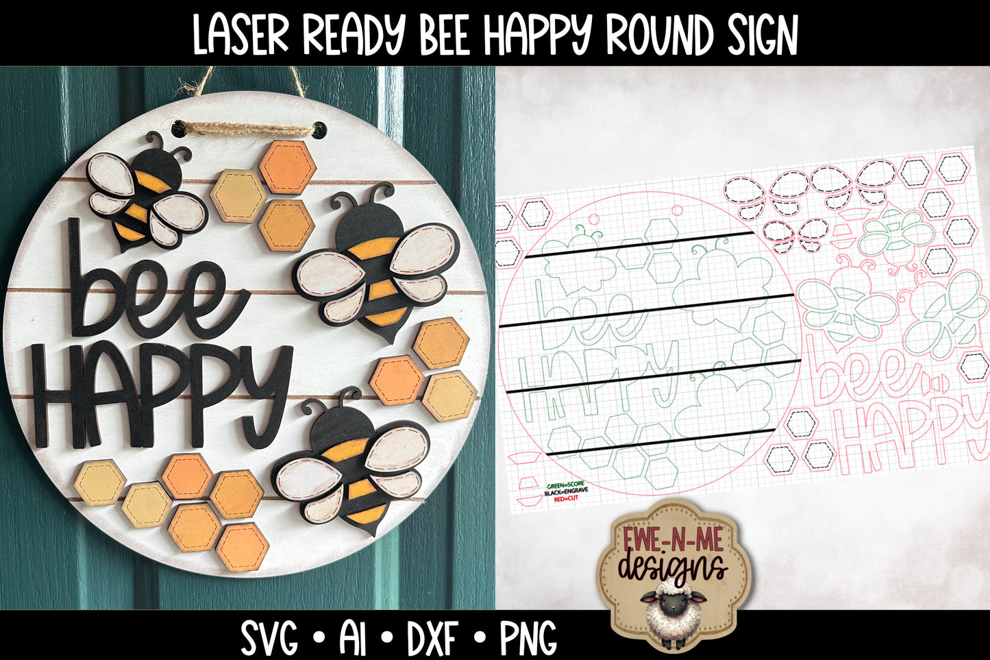 Bee Happy Round Door Hanger - Laser Cut SVG