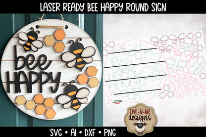 Bee Happy Round Door Hanger - Laser Cut SVG